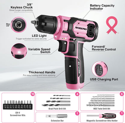 8V Power Drill, Pink Tool Kit Set for Women, Cordless Drill Driver