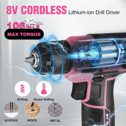 8V Power Drill, Pink Tool Kit Set for Women, Cordless Drill Driver