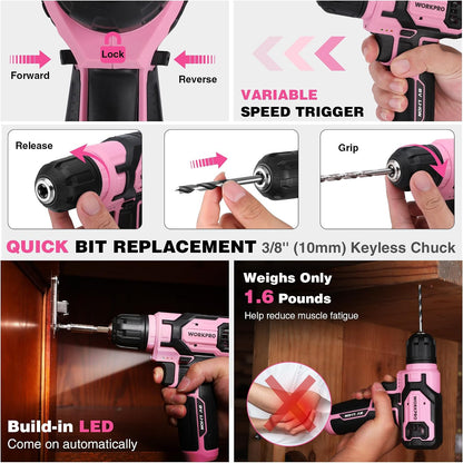 8V Power Drill, Pink Tool Kit Set for Women, Cordless Drill Driver
