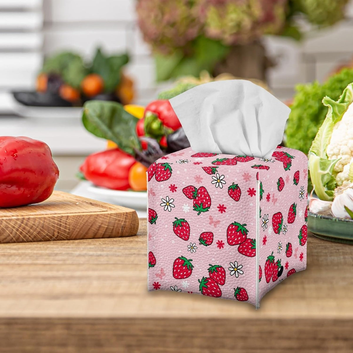 Pink Strawberry Tissue Box Cover Water Resistant Leather Tissue Box Holder Cube Facial Paper Organizer Cute Dispenser Napkin Holder Case Home Decoration