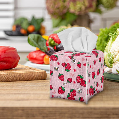 Pink Strawberry Tissue Box Cover Water Resistant Leather Tissue Box Holder Cube Facial Paper Organizer Cute Dispenser Napkin Holder Case Home Decoration