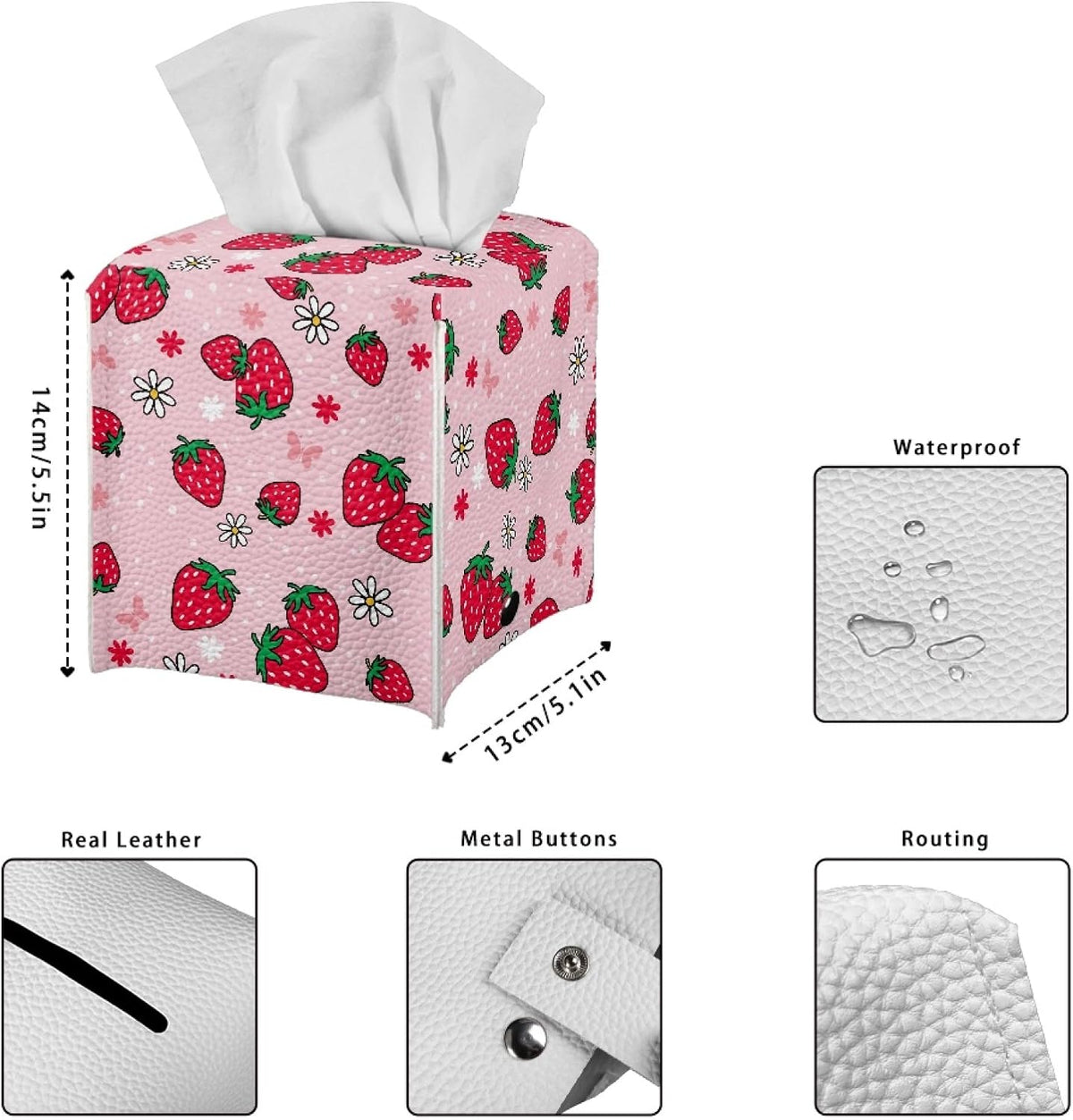 Pink Strawberry Tissue Box Cover Water Resistant Leather Tissue Box Holder Cube Facial Paper Organizer Cute Dispenser Napkin Holder Case Home Decoration