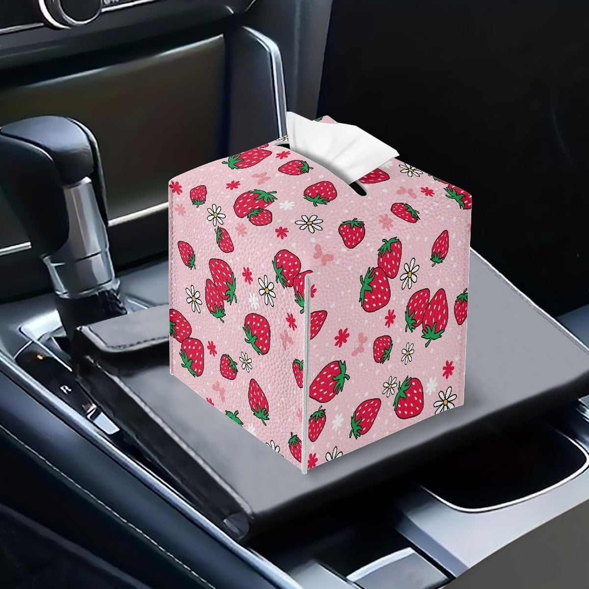 Pink Strawberry Tissue Box Cover Water Resistant Leather Tissue Box Holder Cube Facial Paper Organizer Cute Dispenser Napkin Holder Case Home Decoration