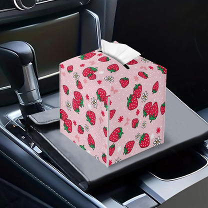 Pink Strawberry Tissue Box Cover Water Resistant Leather Tissue Box Holder Cube Facial Paper Organizer Cute Dispenser Napkin Holder Case Home Decoration