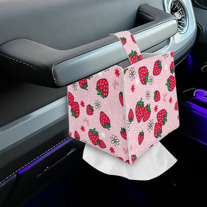 Pink Strawberry Tissue Box Cover Water Resistant Leather Tissue Box Holder Cube Facial Paper Organizer Cute Dispenser Napkin Holder Case Home Decoration
