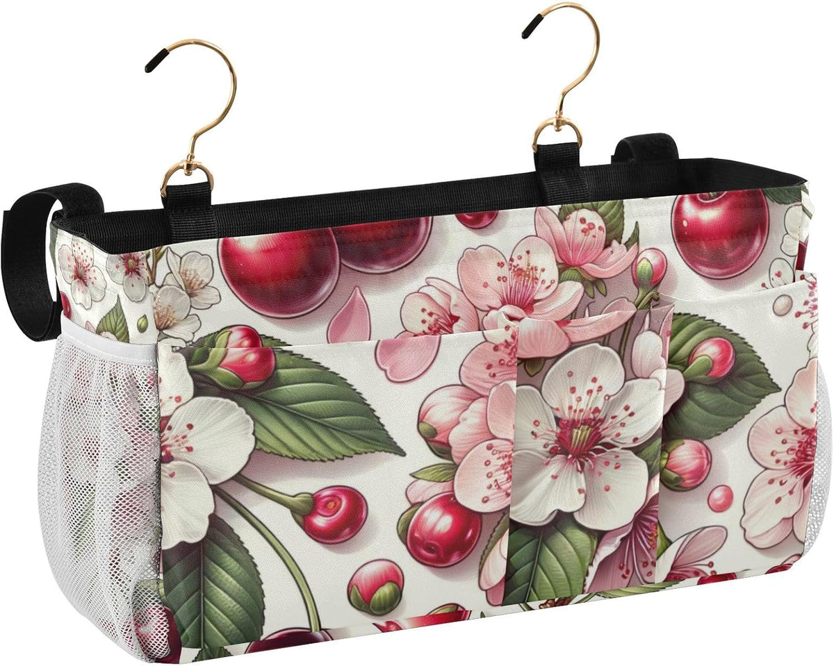 Pink Flowers Cherry Fruits Bedside Caddy Bedside Organizer Bedside Storage Caddy College Dorm Bed Accessories