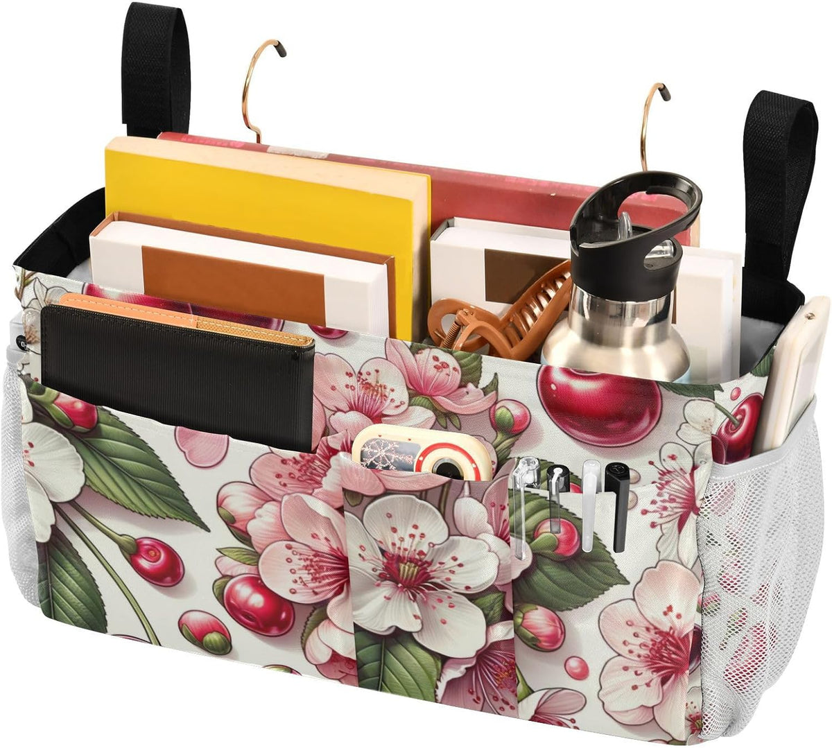 Pink Flowers Cherry Fruits Bedside Caddy Bedside Organizer Bedside Storage Caddy College Dorm Bed Accessories