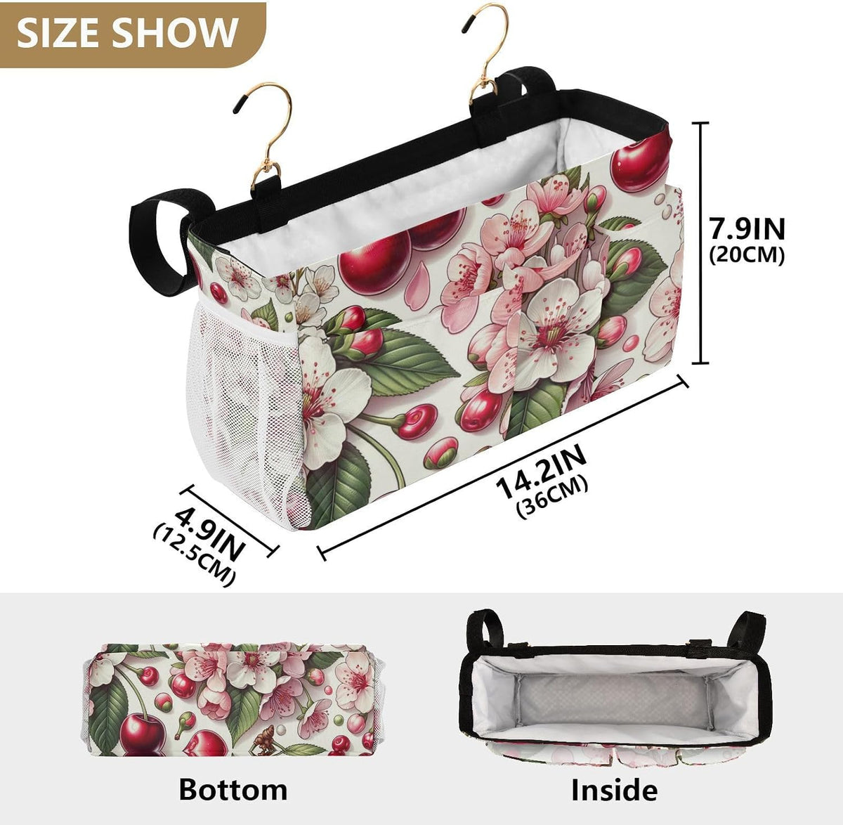 Pink Flowers Cherry Fruits Bedside Caddy Bedside Organizer Bedside Storage Caddy College Dorm Bed Accessories