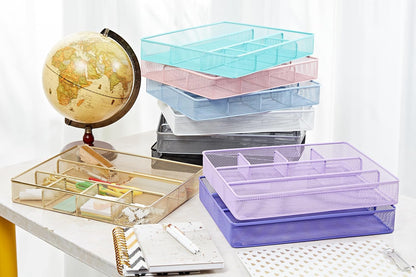 Annova Desk Top Organizer Tray for Office Organization - Metal Mesh - Storage Tray with Dividers for Pens, Desktop Accessories, Bathroom, Kitchen, Makeup and Office Supplies (Large, Light Pink)