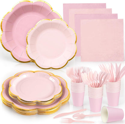 168Pcs Pink Paper Plates and Napkins Party Supplies for 24 Guests