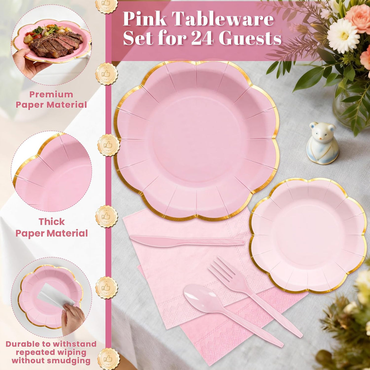 168Pcs Pink Paper Plates and Napkins Party Supplies for 24 Guests