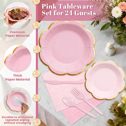 168Pcs Pink Paper Plates and Napkins Party Supplies for 24 Guests