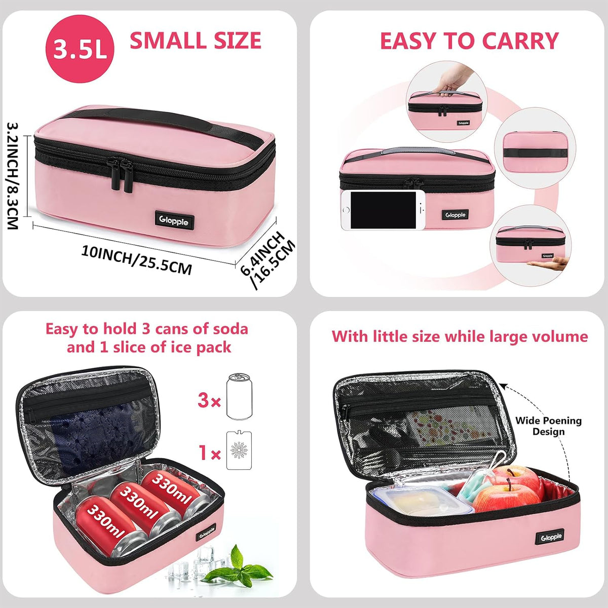 Small Lunch Bag, Insulated Lunch Box for Adults & Kids, Pink