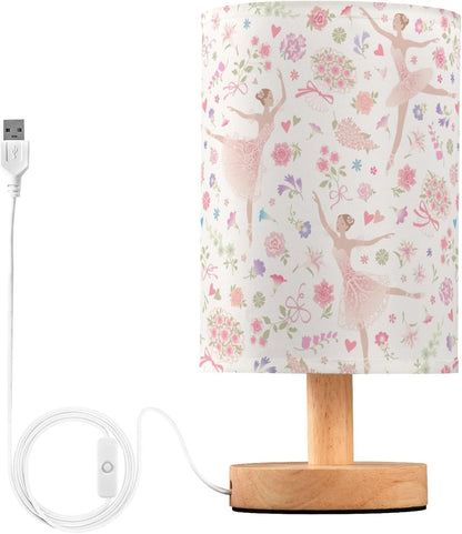 Floral Dancing Ballerina Ballet Dancer Pink Pastel Color Flower Table Lamp with Wood Base Fabric Lamp Shade Bedside Nightstand Desk Lamp for Living Room Bedroom Kids Room Office