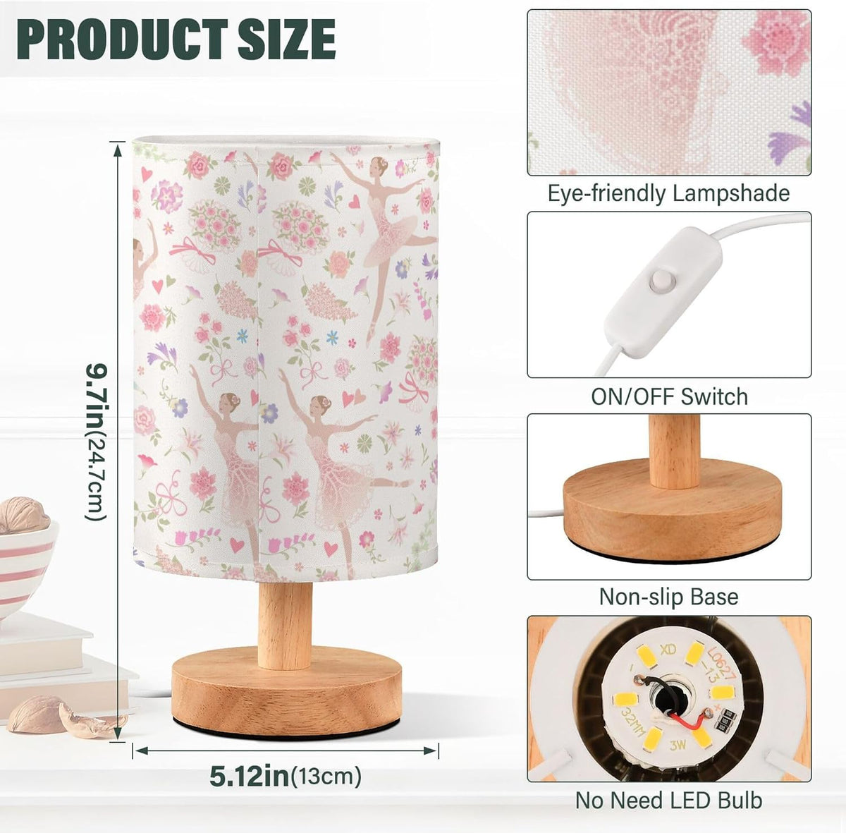 Floral Dancing Ballerina Ballet Dancer Pink Pastel Color Flower Table Lamp with Wood Base Fabric Lamp Shade Bedside Nightstand Desk Lamp for Living Room Bedroom Kids Room Office