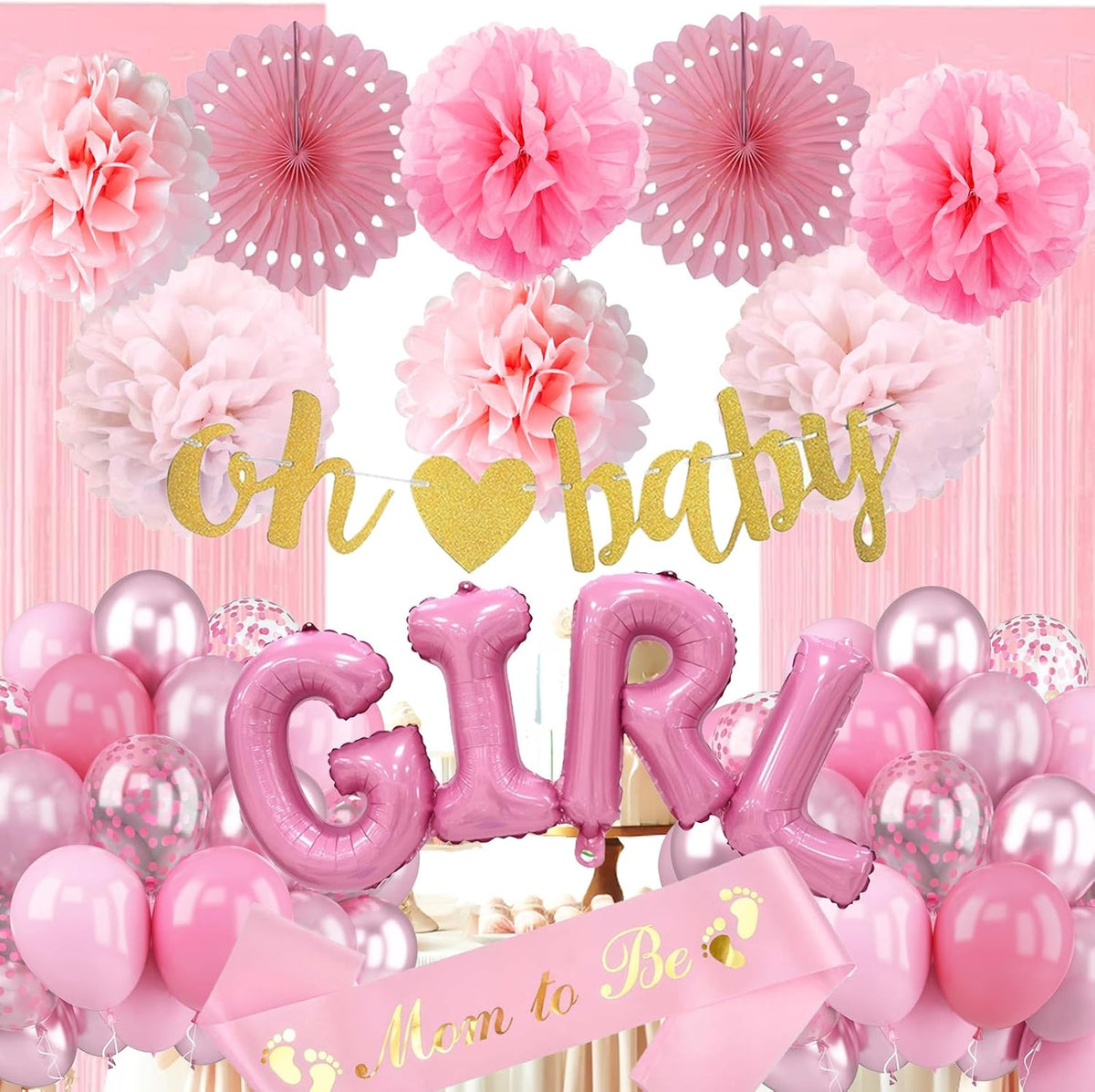Baby Girl Shower Decorations - Dusty Pink Baby Shower Decorations - Welcome Baby Girl Decoration with Pink Balloons, Paper Pom Poms,Mom to be Sash for Girls Baby Shower Decor Gender Reveal Party