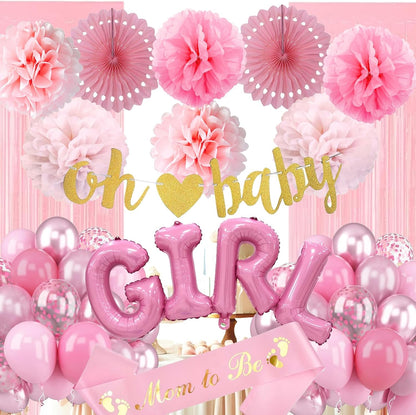 Baby Girl Shower Decorations - Dusty Pink Baby Shower Decorations - Welcome Baby Girl Decoration with Pink Balloons, Paper Pom Poms,Mom to be Sash for Girls Baby Shower Decor Gender Reveal Party