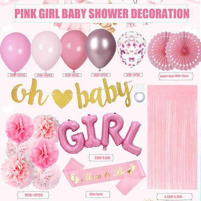 Baby Girl Shower Decorations - Dusty Pink Baby Shower Decorations - Welcome Baby Girl Decoration with Pink Balloons, Paper Pom Poms,Mom to be Sash for Girls Baby Shower Decor Gender Reveal Party