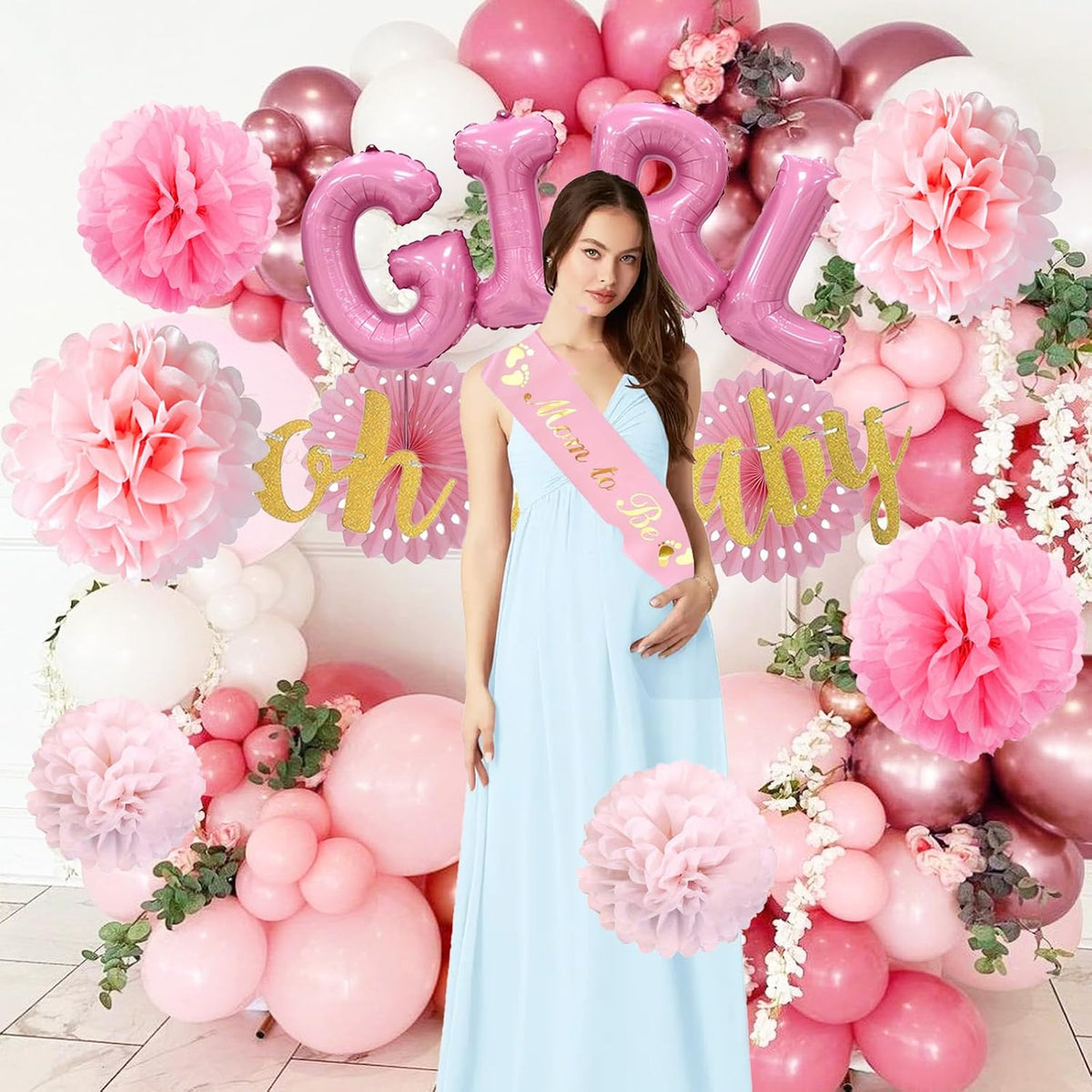 Baby Girl Shower Decorations - Dusty Pink Baby Shower Decorations - Welcome Baby Girl Decoration with Pink Balloons, Paper Pom Poms,Mom to be Sash for Girls Baby Shower Decor Gender Reveal Party