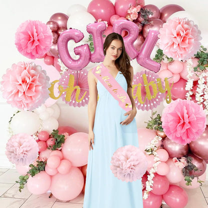 Baby Girl Shower Decorations - Dusty Pink Baby Shower Decorations - Welcome Baby Girl Decoration with Pink Balloons, Paper Pom Poms,Mom to be Sash for Girls Baby Shower Decor Gender Reveal Party
