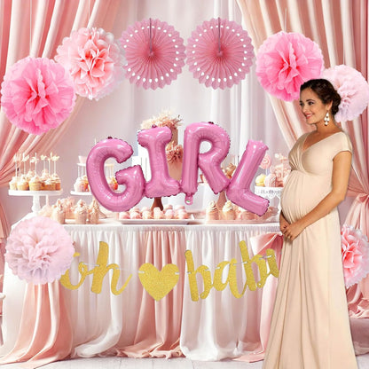Baby Girl Shower Decorations - Dusty Pink Baby Shower Decorations - Welcome Baby Girl Decoration with Pink Balloons, Paper Pom Poms,Mom to be Sash for Girls Baby Shower Decor Gender Reveal Party