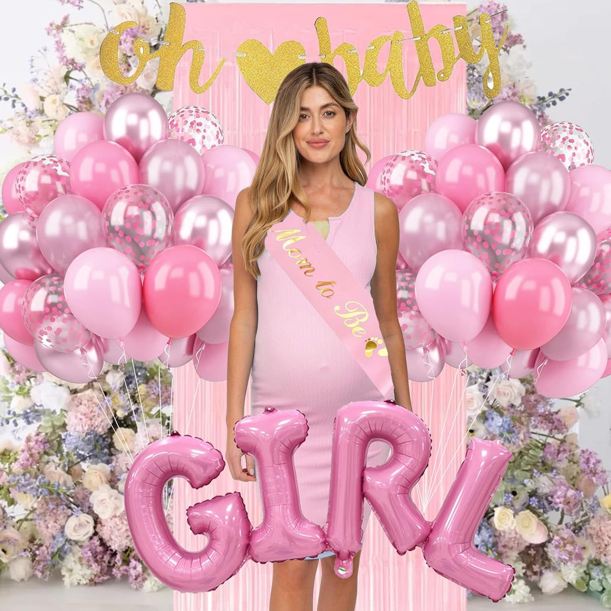Baby Girl Shower Decorations - Dusty Pink Baby Shower Decorations - Welcome Baby Girl Decoration with Pink Balloons, Paper Pom Poms,Mom to be Sash for Girls Baby Shower Decor Gender Reveal Party
