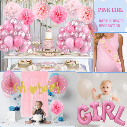 Baby Girl Shower Decorations - Dusty Pink Baby Shower Decorations - Welcome Baby Girl Decoration with Pink Balloons, Paper Pom Poms,Mom to be Sash for Girls Baby Shower Decor Gender Reveal Party