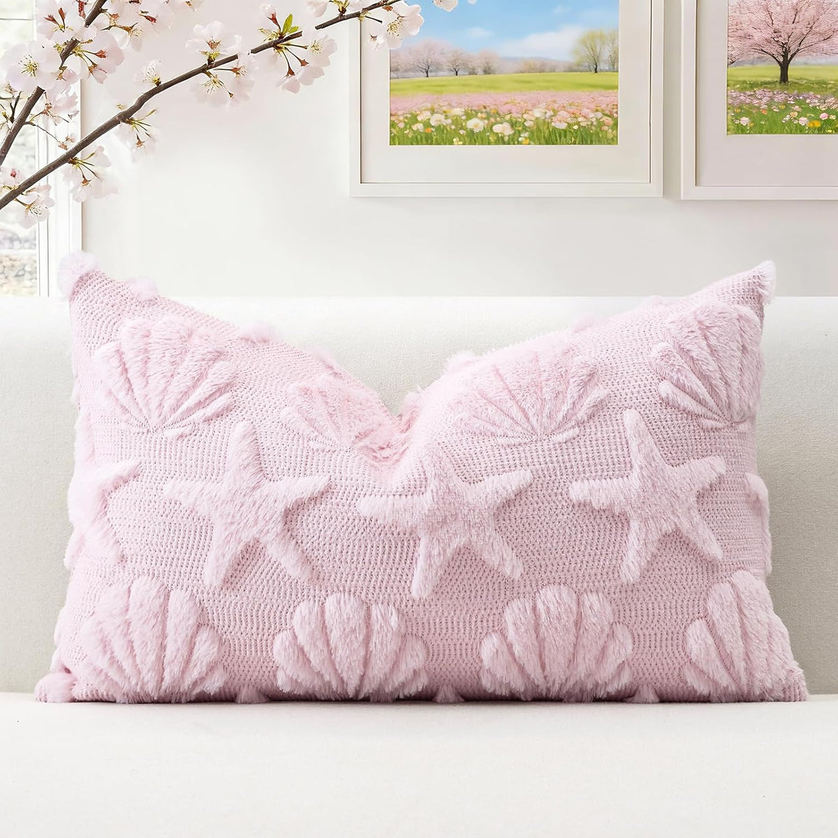 Shell Starfish Throw Pillow Cover Set of 1 Beach Seaside Cushion Cover for Sofa 12x20 Inch Lumbar Spring Summer Soft Plush Short Wool Velvet Pillowcase Holiday Decor Pink