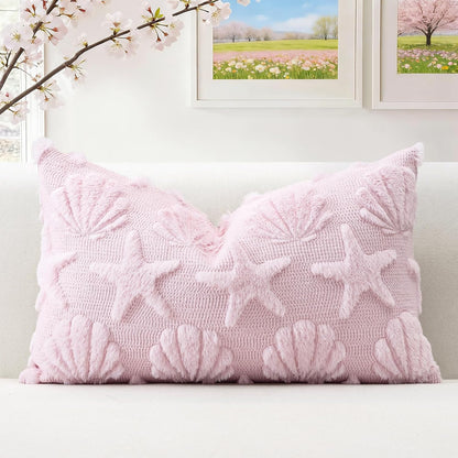 Shell Starfish Throw Pillow Cover Set of 1 Beach Seaside Cushion Cover for Sofa 12x20 Inch Lumbar Spring Summer Soft Plush Short Wool Velvet Pillowcase Holiday Decor Pink