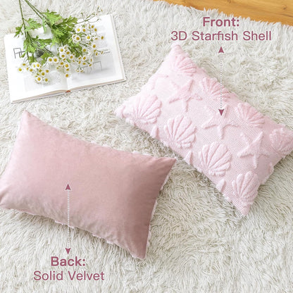 Shell Starfish Throw Pillow Cover Set of 1 Beach Seaside Cushion Cover for Sofa 12x20 Inch Lumbar Spring Summer Soft Plush Short Wool Velvet Pillowcase Holiday Decor Pink