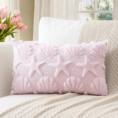 Shell Starfish Throw Pillow Cover Set of 1 Beach Seaside Cushion Cover for Sofa 12x20 Inch Lumbar Spring Summer Soft Plush Short Wool Velvet Pillowcase Holiday Decor Pink