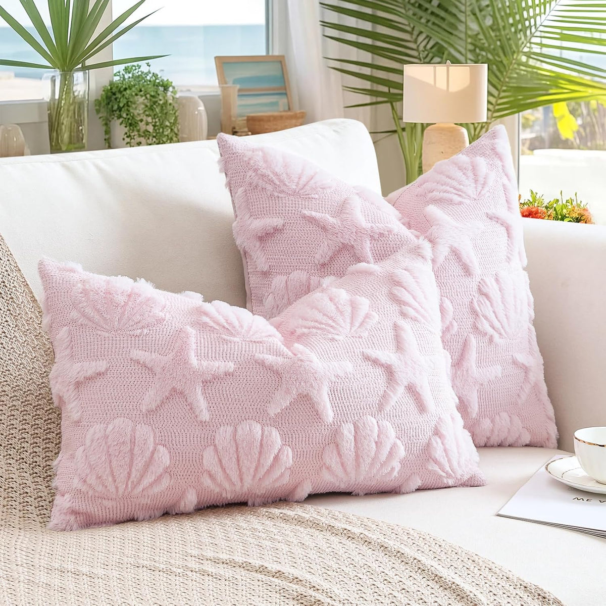 Shell Starfish Throw Pillow Cover Set of 1 Beach Seaside Cushion Cover for Sofa 12x20 Inch Lumbar Spring Summer Soft Plush Short Wool Velvet Pillowcase Holiday Decor Pink