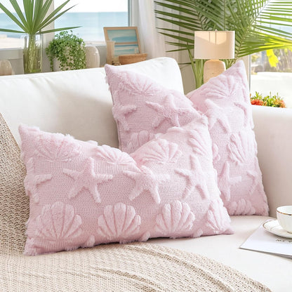 Shell Starfish Throw Pillow Cover Set of 1 Beach Seaside Cushion Cover for Sofa 12x20 Inch Lumbar Spring Summer Soft Plush Short Wool Velvet Pillowcase Holiday Decor Pink