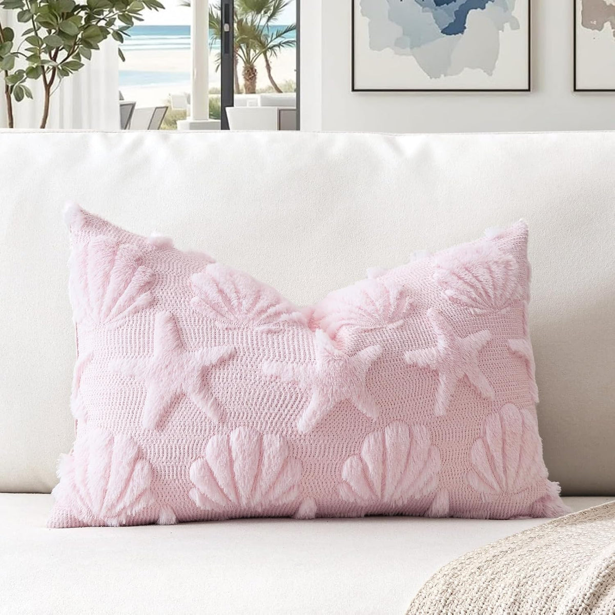 Shell Starfish Throw Pillow Cover Set of 1 Beach Seaside Cushion Cover for Sofa 12x20 Inch Lumbar Spring Summer Soft Plush Short Wool Velvet Pillowcase Holiday Decor Pink