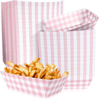100 Pcs Pink Gingham Paper Food Trays, Pre-Folded Light Pink Checkered Disposable Food Boats for Hot Dogs, Fries, Nachos, Snacks, Carnival, Picnic, Baby Shower, Rustic Wedding, BBQ Party Supplies
