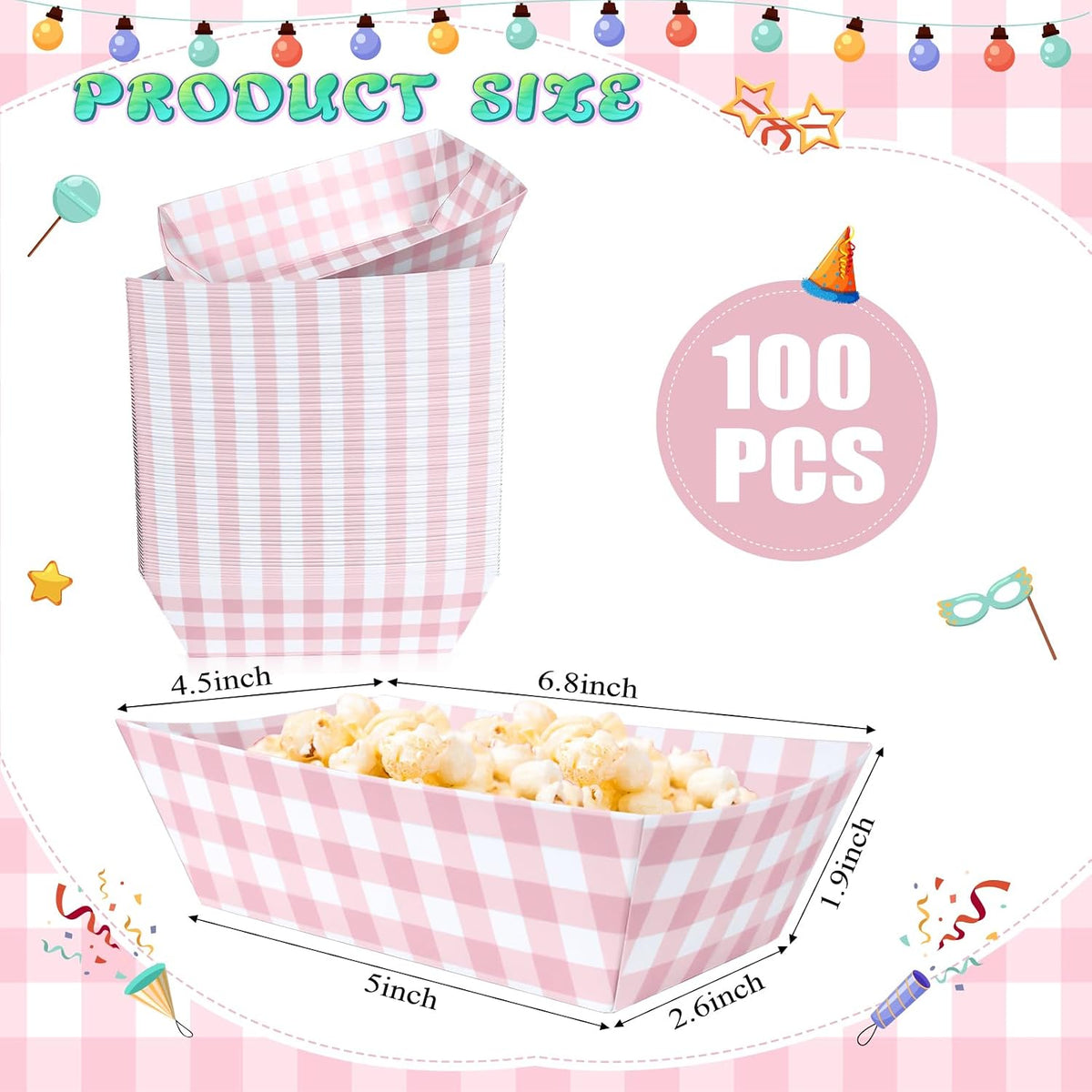 100 Pcs Pink Gingham Paper Food Trays, Pre-Folded Light Pink Checkered Disposable Food Boats for Hot Dogs, Fries, Nachos, Snacks, Carnival, Picnic, Baby Shower, Rustic Wedding, BBQ Party Supplies