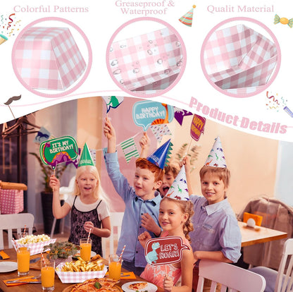 100 Pcs Pink Gingham Paper Food Trays, Pre-Folded Light Pink Checkered Disposable Food Boats for Hot Dogs, Fries, Nachos, Snacks, Carnival, Picnic, Baby Shower, Rustic Wedding, BBQ Party Supplies