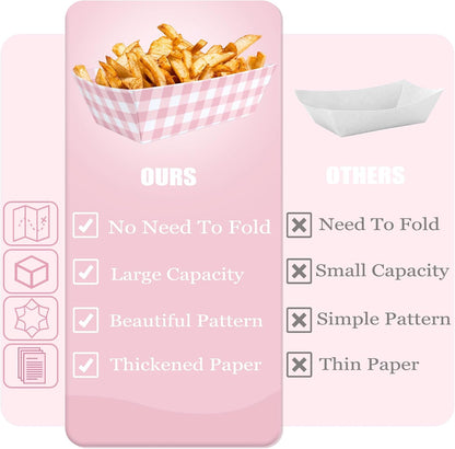 100 Pcs Pink Gingham Paper Food Trays, Pre-Folded Light Pink Checkered Disposable Food Boats for Hot Dogs, Fries, Nachos, Snacks, Carnival, Picnic, Baby Shower, Rustic Wedding, BBQ Party Supplies