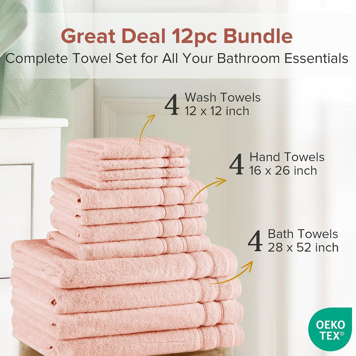12 Pc Towel Set, 100% Cotton Zero Twist, Blush