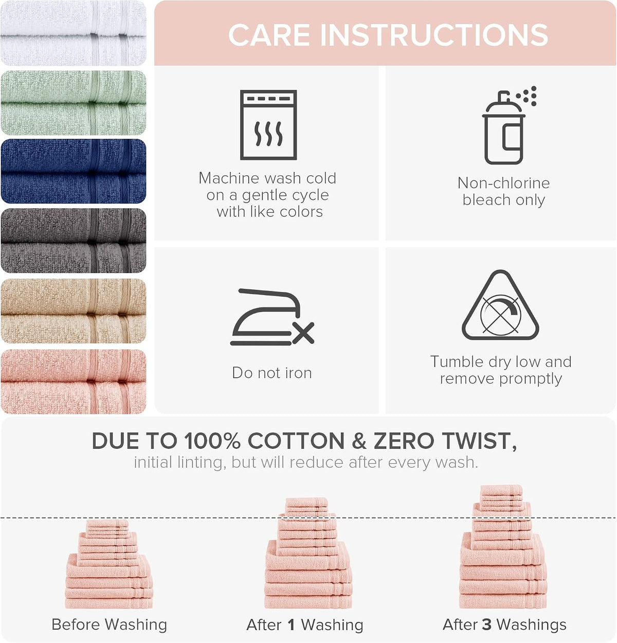 12 Pc Towel Set, 100% Cotton Zero Twist, Blush