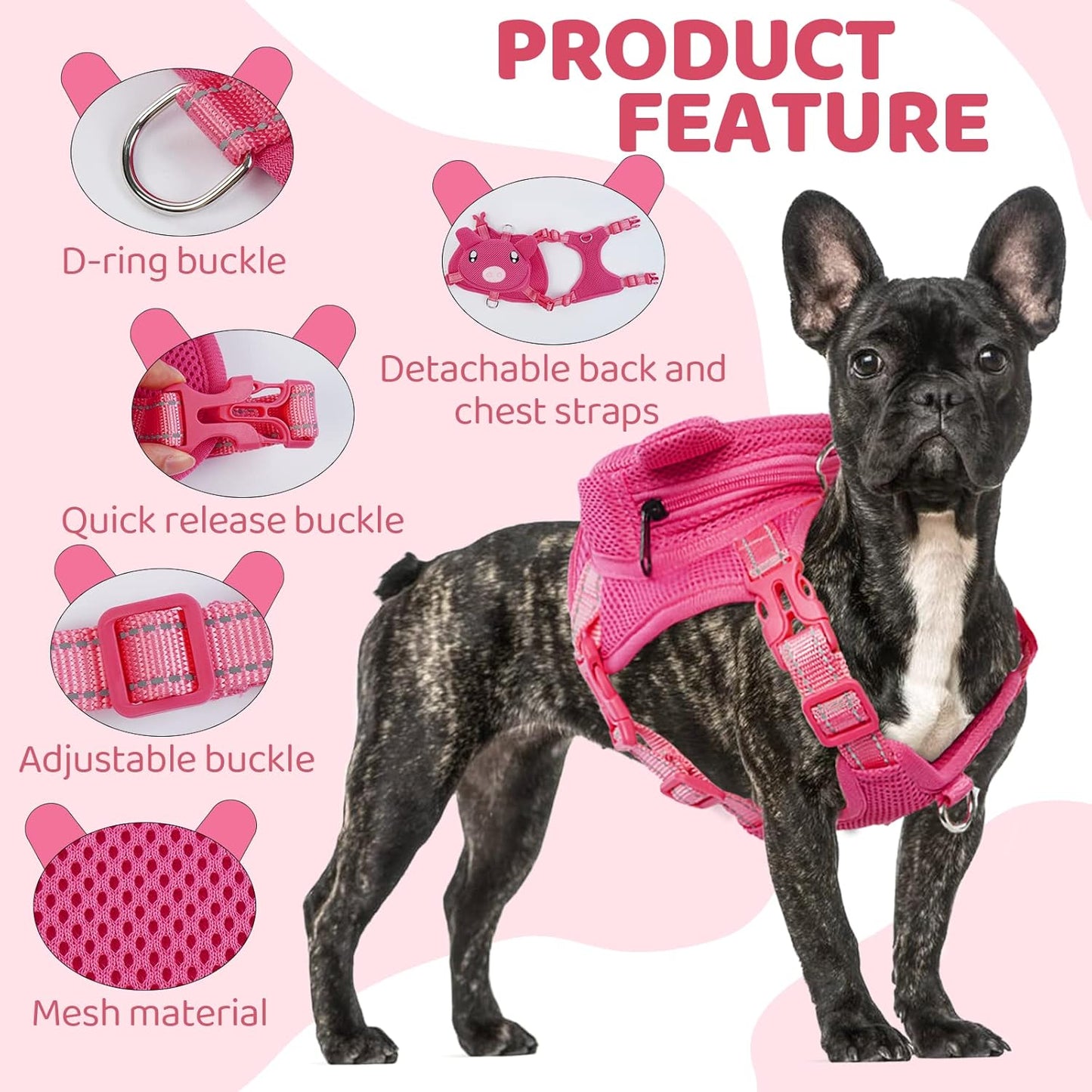 Dog Harness with Backpack, Adjustable Dog Backpack Harness for Small Medium Dogs, No-Pull Breathable Backpacks for Dogs to Wear, for Traveling, Hiking, Camping, Training, Pink M