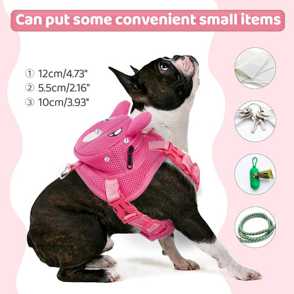 Dog Harness with Backpack, Adjustable Dog Backpack Harness for Small Medium Dogs, No-Pull Breathable Backpacks for Dogs to Wear, for Traveling, Hiking, Camping, Training, Pink M