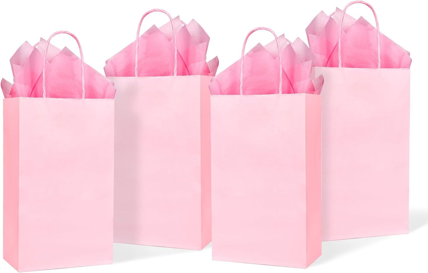 DjinnGlory 24 Pack Small Pink Paper Gift Bags with Handles 9x5.5x3.15 Inch and 24 Tissue Wrapping Paper for Business Birthday Wedding Bridal Baby Shower Party Favors Goodies