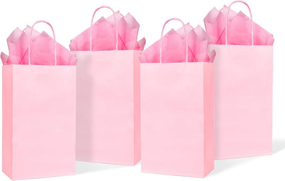 DjinnGlory 24 Pack Small Pink Paper Gift Bags with Handles 9x5.5x3.15 Inch and 24 Tissue Wrapping Paper for Business Birthday Wedding Bridal Baby Shower Party Favors Goodies