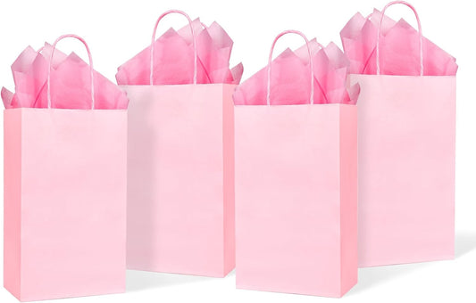 DjinnGlory 24 Pack Small Pink Paper Gift Bags with Handles 9x5.5x3.15 Inch and 24 Tissue Wrapping Paper for Business Birthday Wedding Bridal Baby Shower Party Favors Goodies