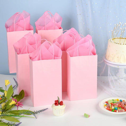 DjinnGlory 24 Pack Small Pink Paper Gift Bags with Handles 9x5.5x3.15 Inch and 24 Tissue Wrapping Paper for Business Birthday Wedding Bridal Baby Shower Party Favors Goodies