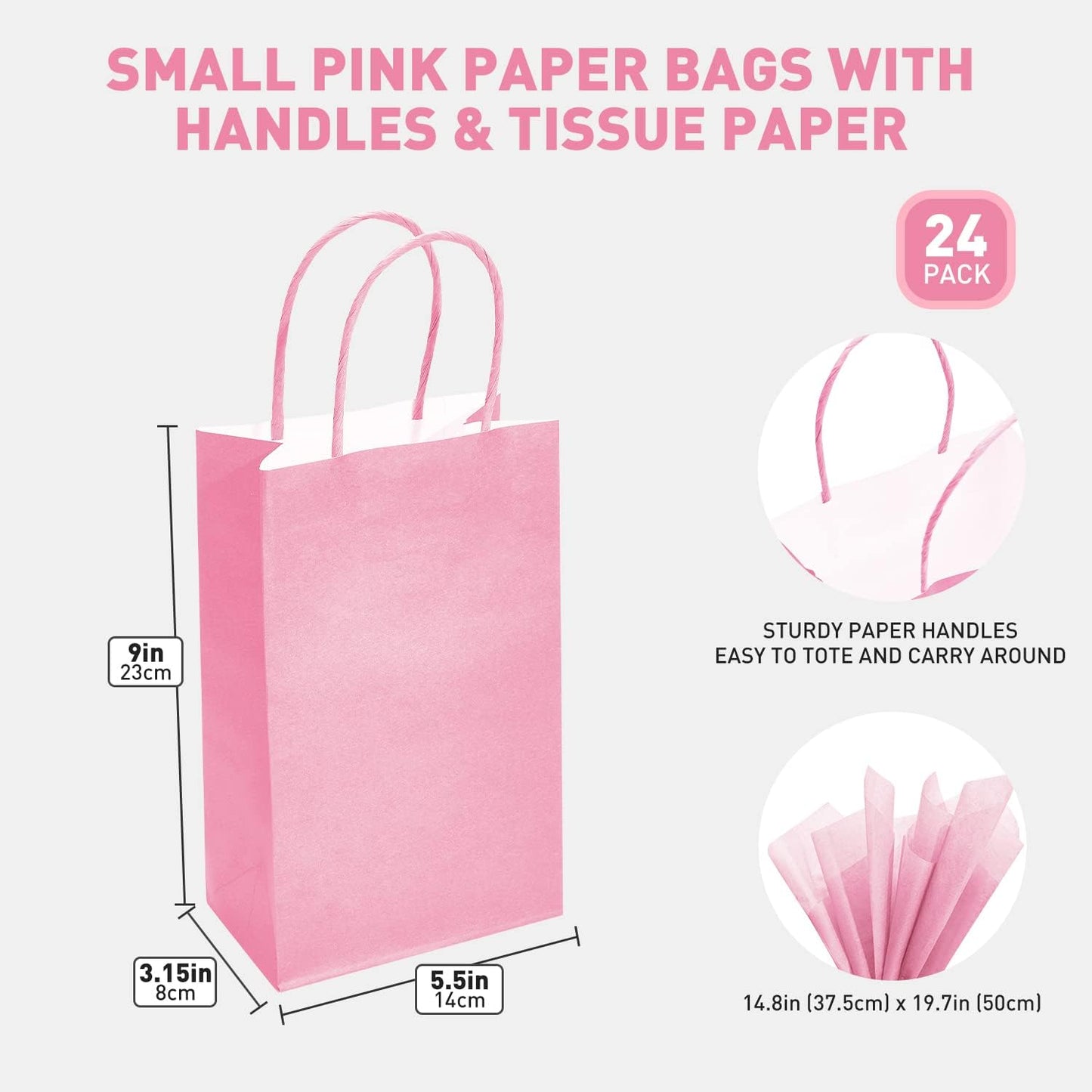DjinnGlory 24 Pack Small Pink Paper Gift Bags with Handles 9x5.5x3.15 Inch and 24 Tissue Wrapping Paper for Business Birthday Wedding Bridal Baby Shower Party Favors Goodies