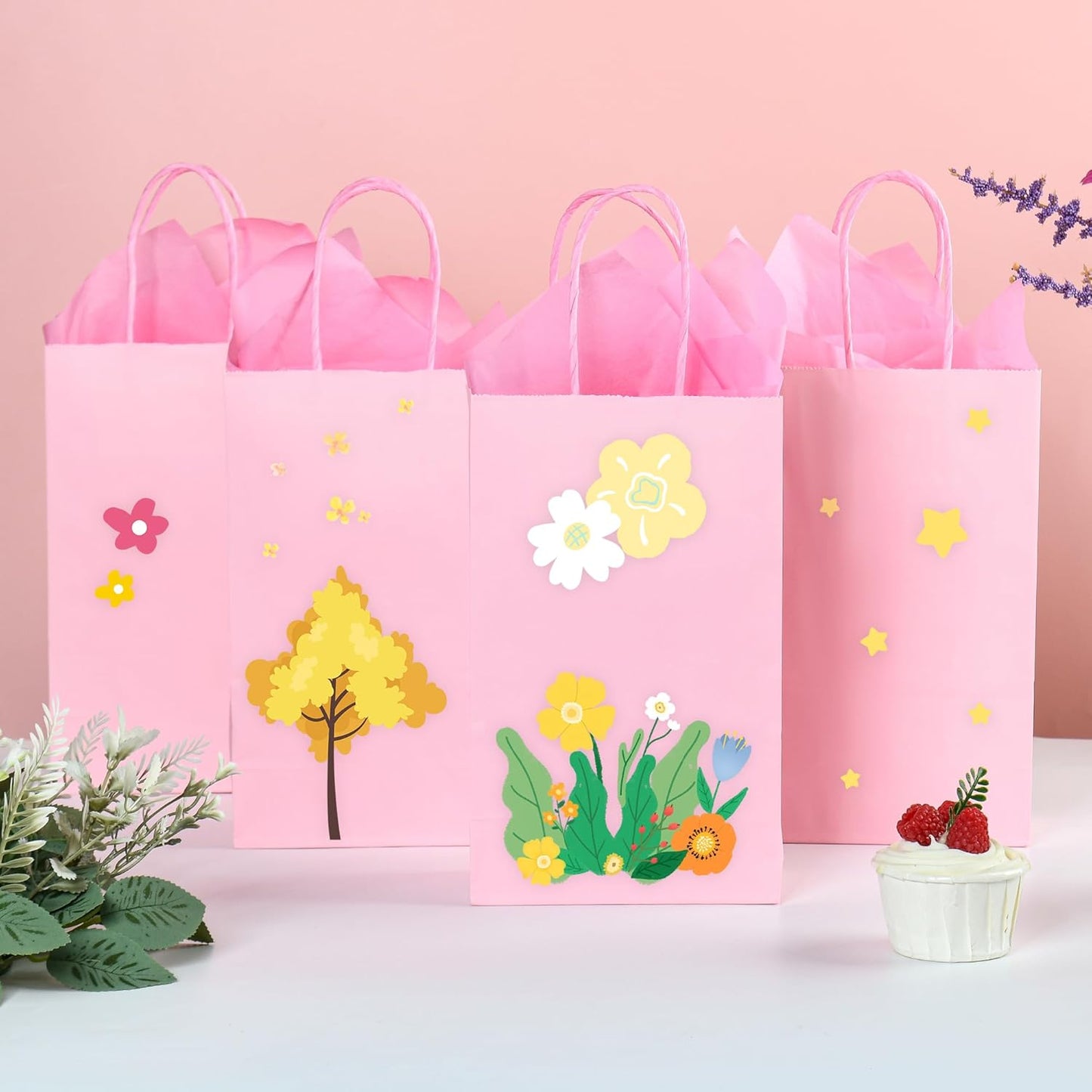 DjinnGlory 24 Pack Small Pink Paper Gift Bags with Handles 9x5.5x3.15 Inch and 24 Tissue Wrapping Paper for Business Birthday Wedding Bridal Baby Shower Party Favors Goodies