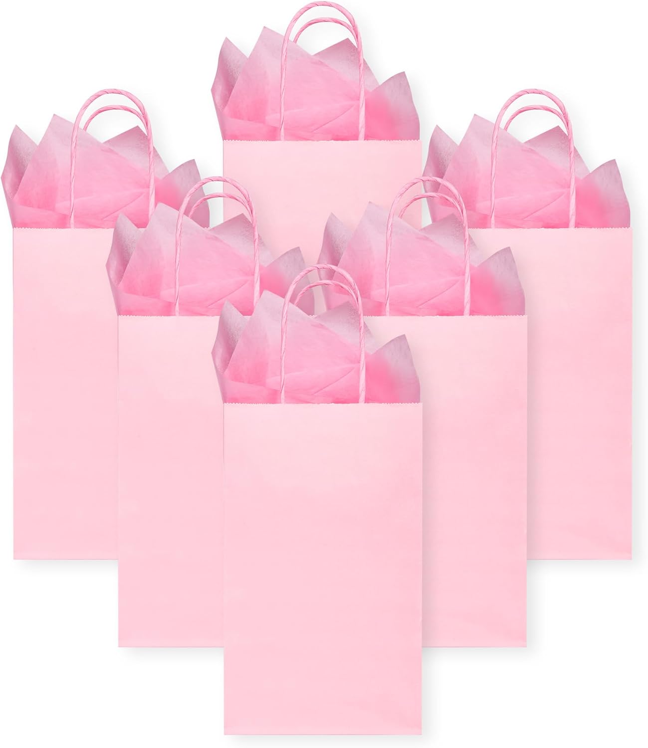 DjinnGlory 24 Pack Small Pink Paper Gift Bags with Handles 9x5.5x3.15 Inch and 24 Tissue Wrapping Paper for Business Birthday Wedding Bridal Baby Shower Party Favors Goodies