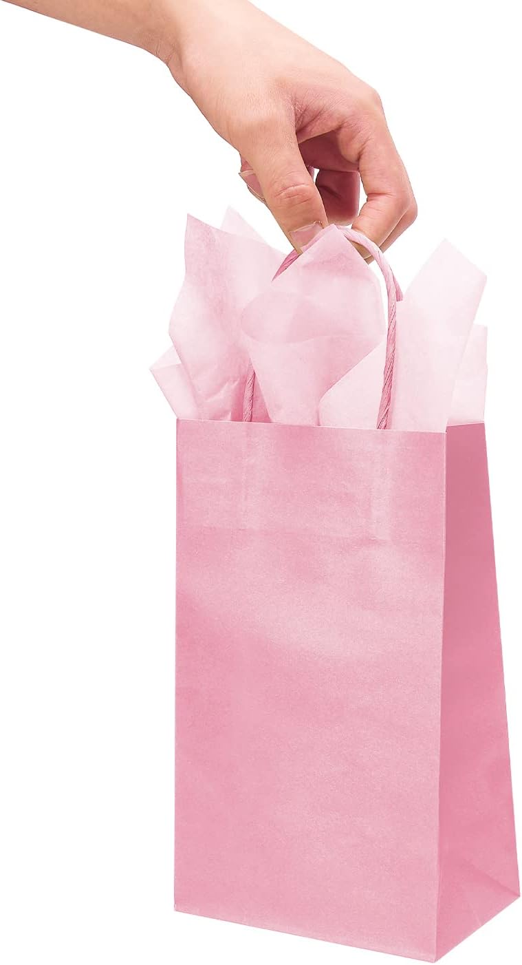 DjinnGlory 24 Pack Small Pink Paper Gift Bags with Handles 9x5.5x3.15 Inch and 24 Tissue Wrapping Paper for Business Birthday Wedding Bridal Baby Shower Party Favors Goodies